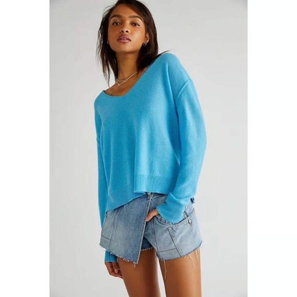 NEW~Women's Free People Harmony Cashmere V-Neck Sweater in Blue "Grecian Sea" XS - Picture 1 of 14